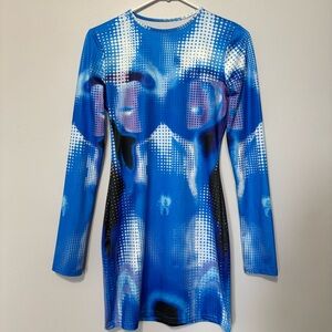 Blue Body-Illusion Long Sleeve Mini Dress